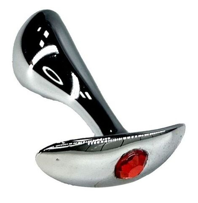 Серебристая изогнутая анальная пробка для ношения c красным кристаллом - 8 см. (Цвет: красный)