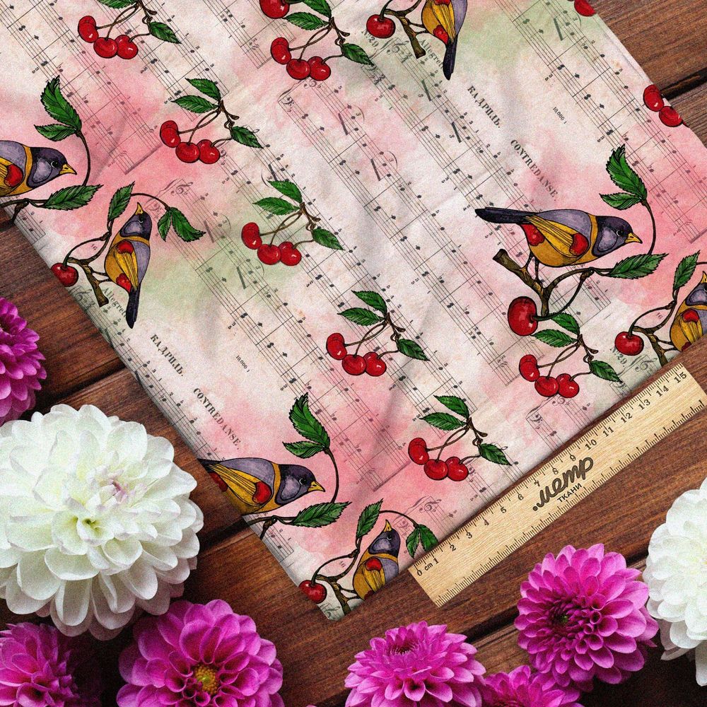 Ткань шифон птички и кадриль