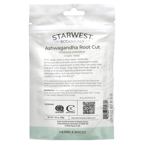 Starwest Botanicals, Органический нарезанный корень ашваганды, 40 г (1,41 унции)