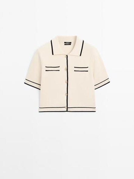 Massimo Dutti Кардиган с короткими рукавами и пуговицами, натуральный/кремовый