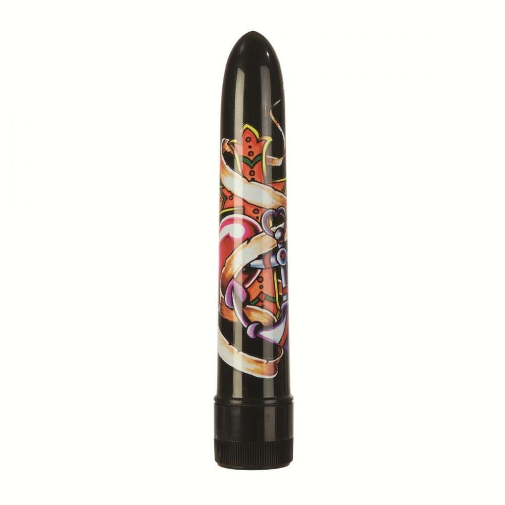 Чёрный вибратор с принтом Inked Vibes - 16,5 см.