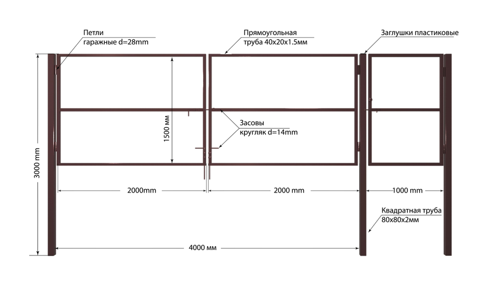 Входная группа (Ворота 4,0х1,5м распашные + калитка 1,0х1,5м), цвет черный (только каркас).