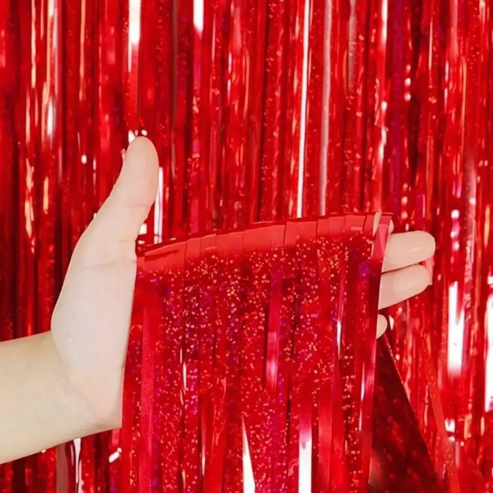 Занавес фольгированный TINSEL «Дождь» ш1м, в2м (галограмма), Красный