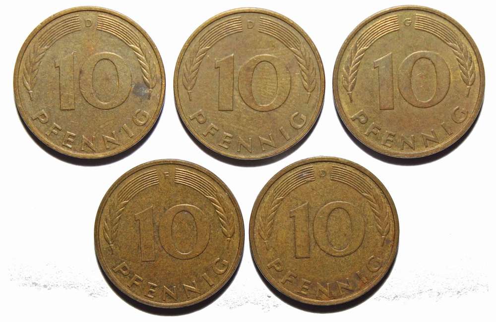 Набор из 5 монет 10 пфеннигов Германия ФРГ 1992-1996 гг. VF-XF