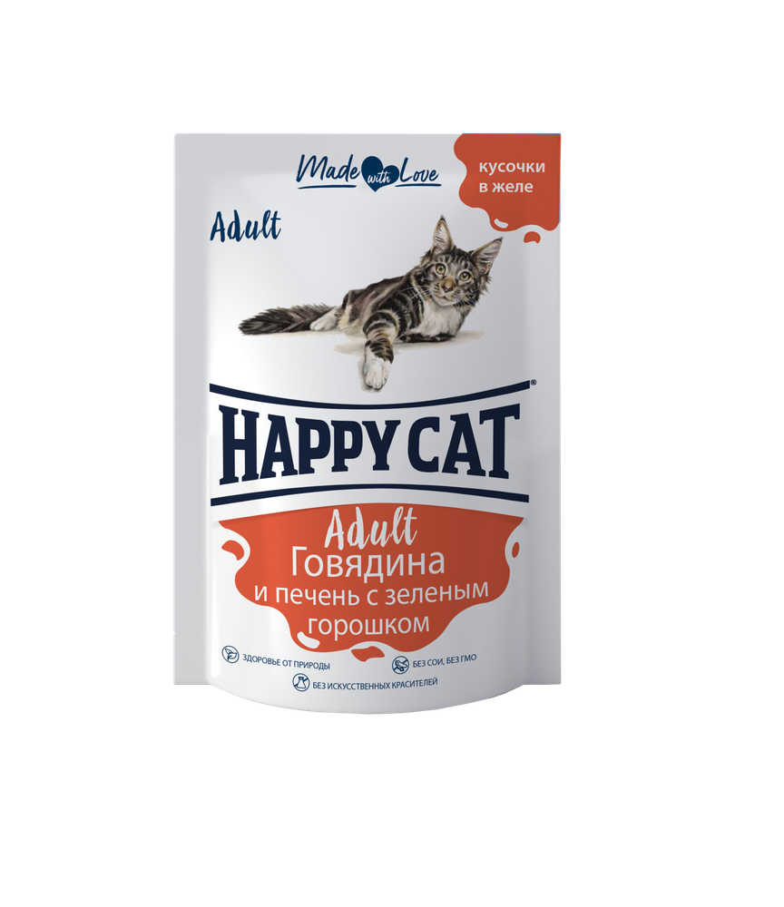 Паучи Happy Cat говядина печень горох в желе 24х85г