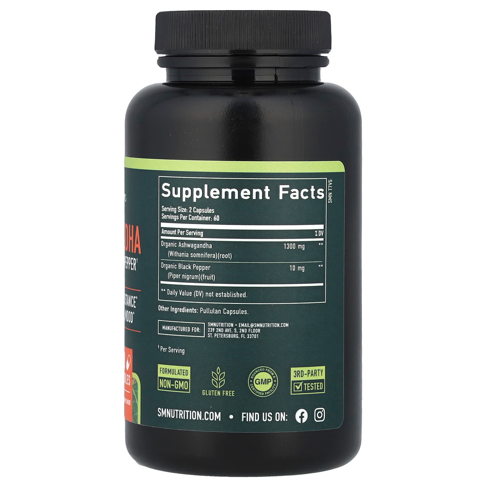 SMNutrition, Ашваганда с черным перцем, 120 капсул