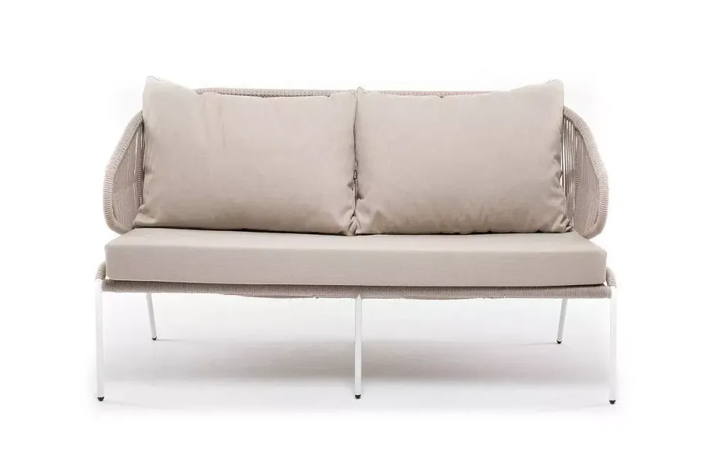 "Милан" диван 2-местный плетеный из роупа, каркас алюминий белый муар, роуп бежевый круглый, ткань бежевая 035