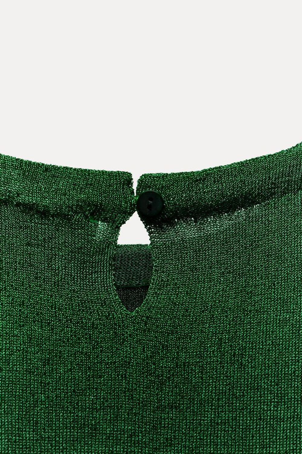 ZARA ОДНОТОННЫЙ ТРИКОТАЖНЫЙ ТОП С БЛЕСТЯЩЕЙ НИТЬЮ, ЗЕЛЕНЫЙ