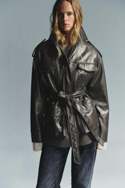ZARA КУРТКА ИЗ ИСКУССТВЕННОЙ КОЖИ С КАРМАНАМИ, ЗЕЛЕНЫЙ МЕЛАНЖ