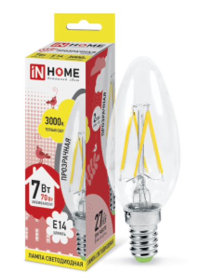 Лампа светодиодная LED-СВЕЧА-deco 7Вт 230В Е14 3000К ТЕПЛЫЙ 810Лм прозрачная IN HOME