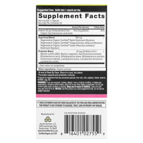 Ancient Nutrition, Пробиотики для женщин, 1 раз в день, 30 капсул