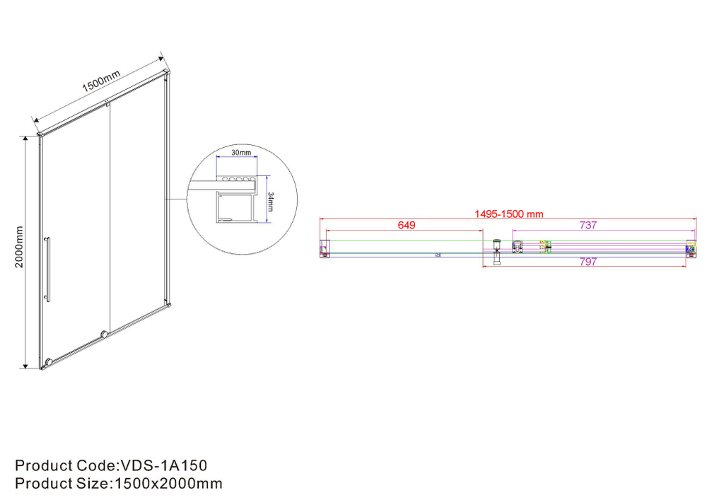 Душевая дверь Arno VPS-1A150CL, 1500, хром, стекло прозрачное, , шт