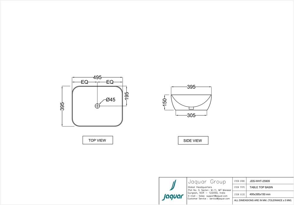 Jaquar, Раковина на столешн. JDR, 495х395, Белый JDS-WHT-25909