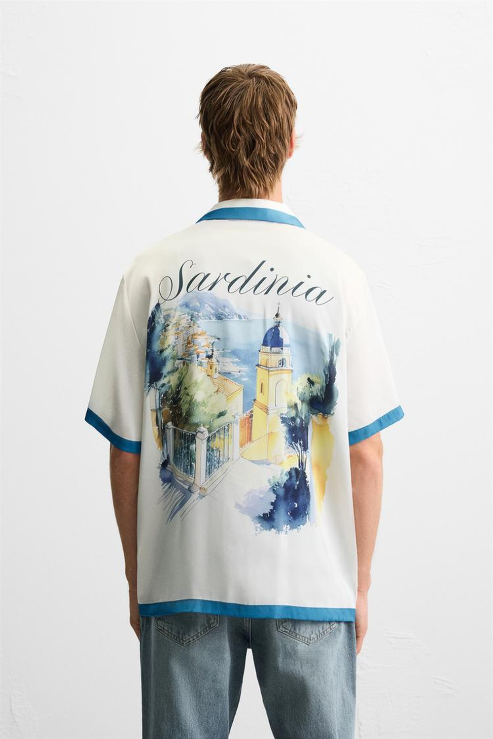 ZARA АТЛАСНАЯ РУБАШКА С ПРИНТОМ, СИНИЙ