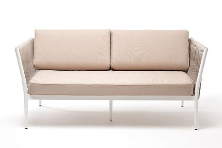"Касабланка" диван 2-местный плетеный из роупа, каркас алюминий светло-серый (RAL7035) муар, роуп серо-коричневый 23мм, ткань бежевая 052