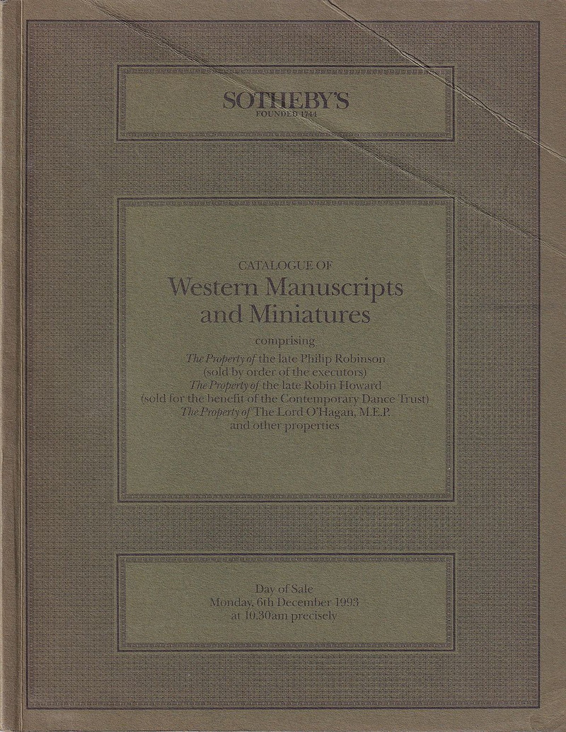 Каталог аукциона Sotheby's, Лондон, Рукописи и миниатюры Западной Европы от 6 декабря 1993 года