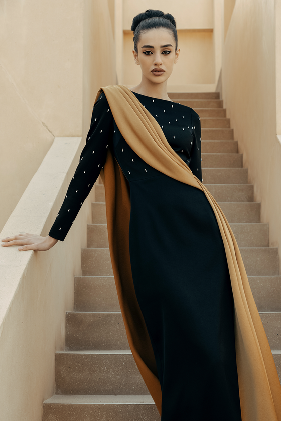 Платье макси сатиновое с асимметричной драпировкой и вышивкой