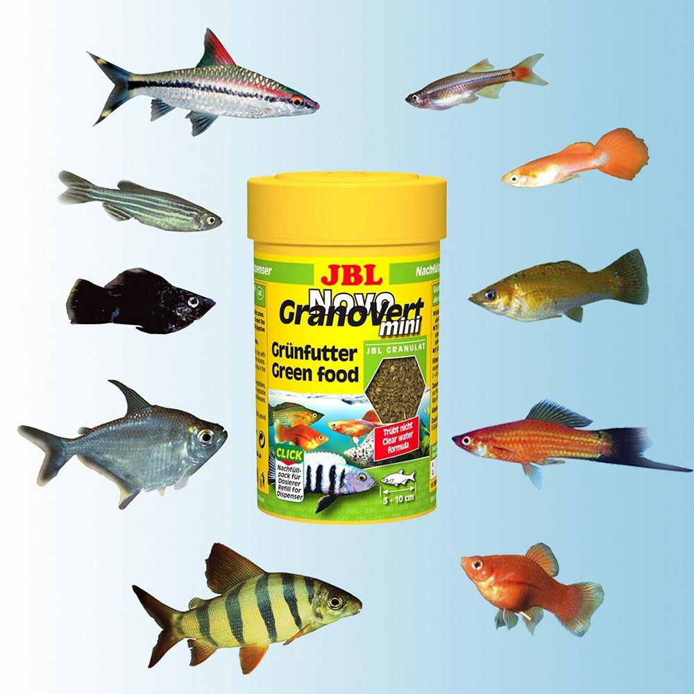 JBL NovoGranoVert mini Click 100 мл - корм для травоядных рыб (мелкие гранулы), банка с дозатором