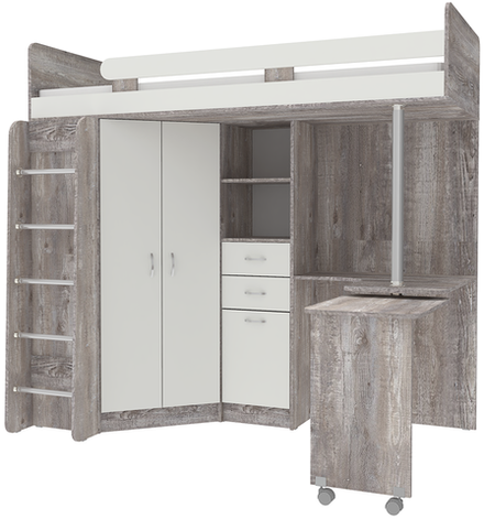 Кровать-чердак КарИВи Юниор 3 с металлической лестницей Бетон Белый