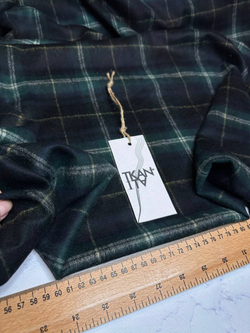 Костюмно-плательная фланелевая шерсть с мохером (Prada, 80%шерсть/20%мохер, Сине-зеленая клетка с тонкими белыми и желтыми акцентами, 147, 214 гр/м2)