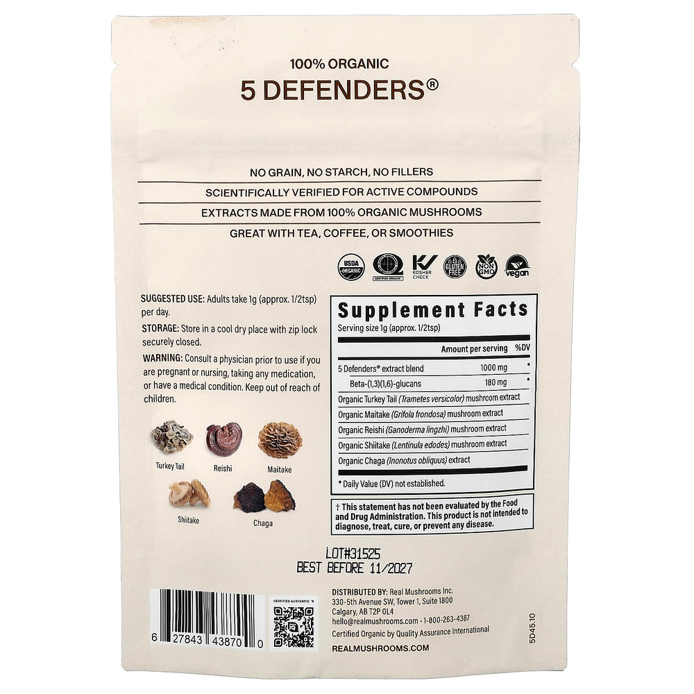 Real Mushrooms, 5 Defenders®, экстракт грибов в порошке, 45 г (1,59 унции)