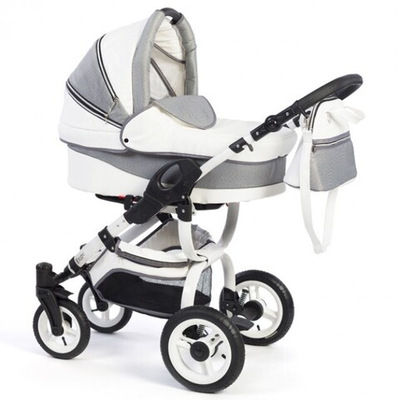 Детская коляска-люлька Reindeer City Lily, эко-кожа с конвертом (Белый-серый)