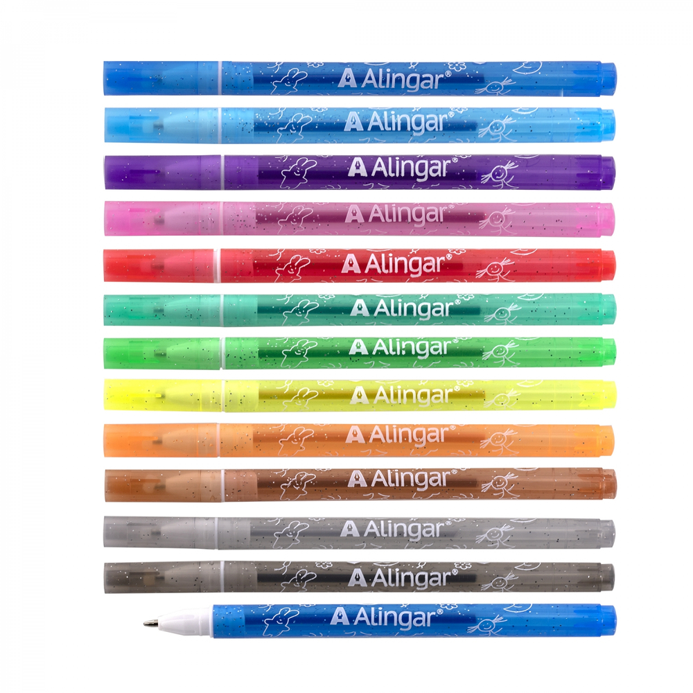 Набор гелевых ручек с блестками Alingar, "Summer holidays", 12 цветов, 0,7 мм, прозрачный круглый пластиковый корпус, ПВХ чехол, европодвес