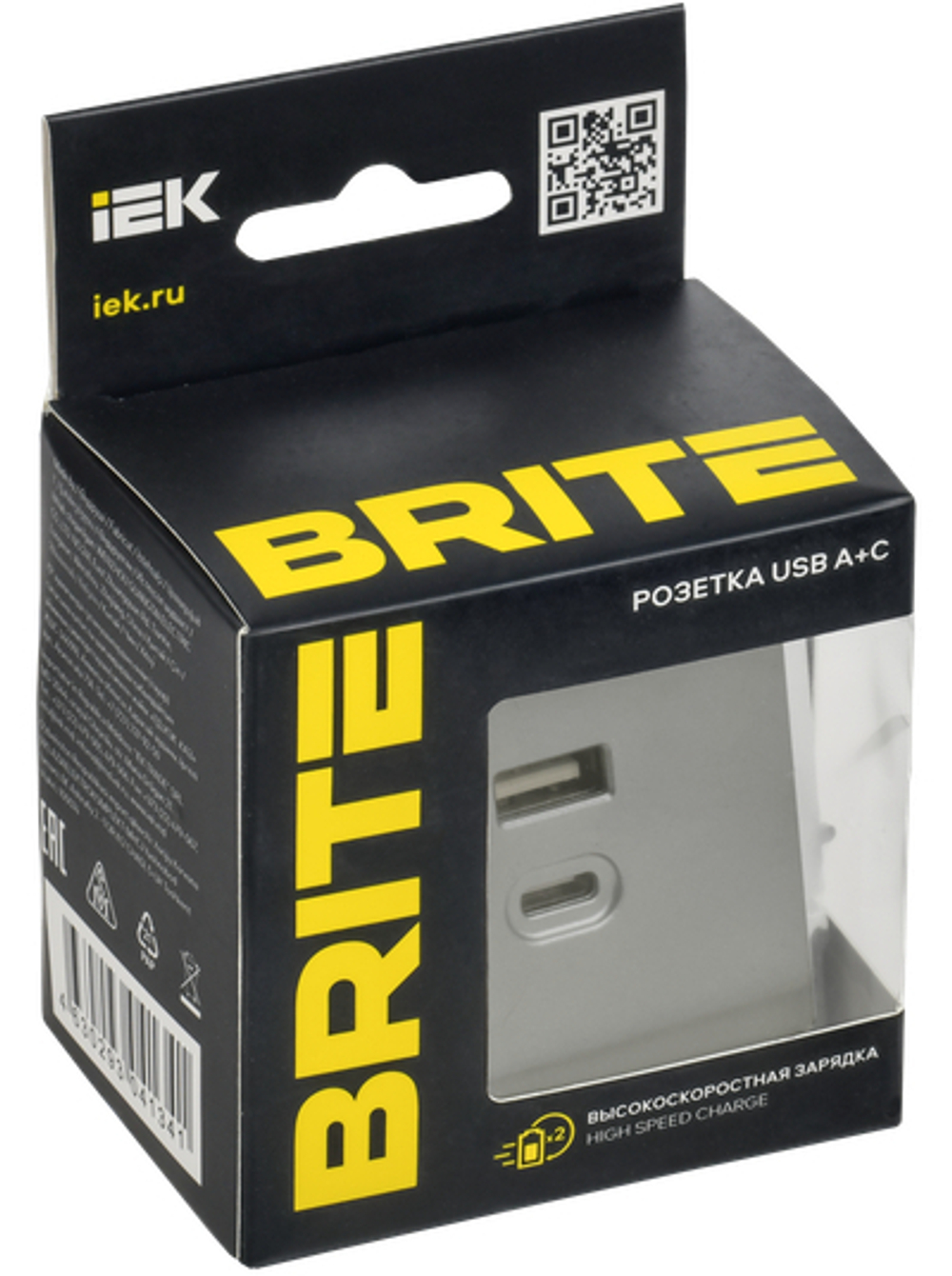 BRITE Розетка USB A+C 45Вт высокоскоростная зарядка РЮ11-2-БрС сталь IEK