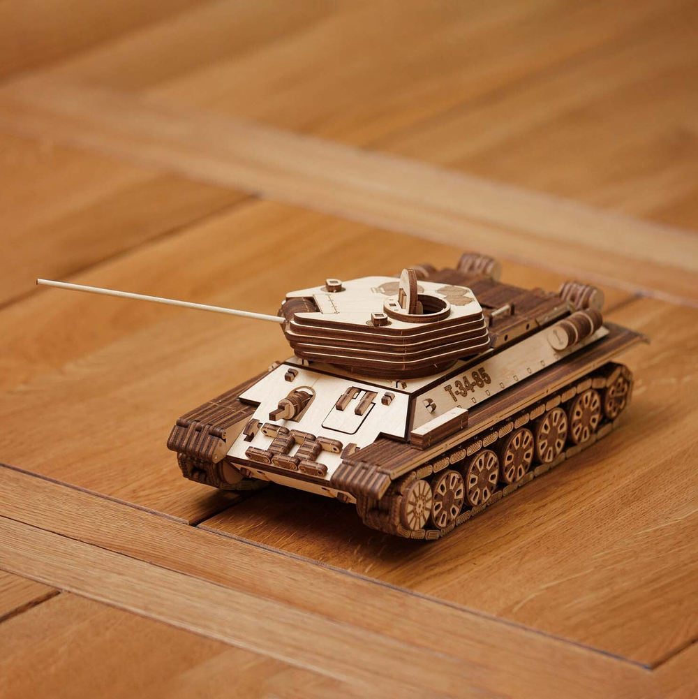 Механический Танк Т-34-85 (EWA) - Деревянный конструктор, 3D пазл, сборная модель на резиномоторе