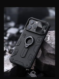 Чехол противоударный от Nillkin для смартфона iPhone 15 Pro Max, CamShield Armor Case, с кольцом и металлической защитной шторкой для камеры