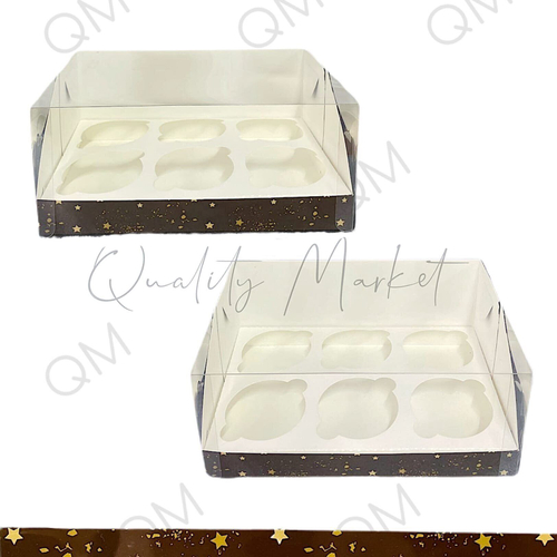 Коробка под капкейки с пластиковой крышкой 235*160*100 мм (6) (коричневая со звездами), 50шт