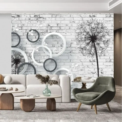 Фотообои на стену антивандальные 300х250см Одуванчики на кирпичной стене 3D винил на флизелине зеркальные