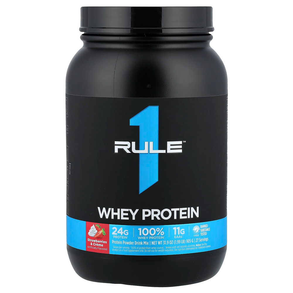 Rule One Proteins, сывороточный протеин, со вкусом клубники с кремом, 905 г (1,99 фунта)