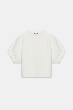 ZARA ТРИКОТАЖНЫЙ ТОП С РЮШАМИ, БЕЛЫЙ