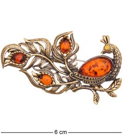 AM-3485 Брошь «Павлин Волшебный» (латунь, янтарь)