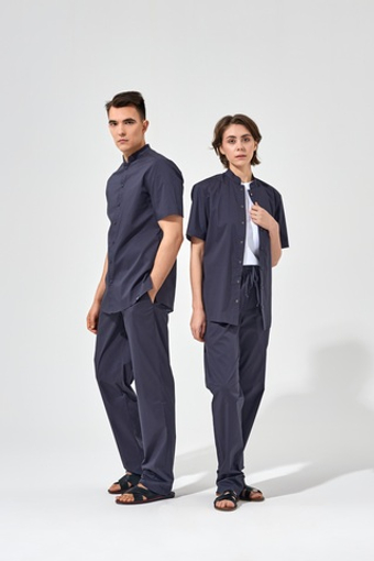 Рубашка китель с прямой застежкой темно-серая, короткий рукав