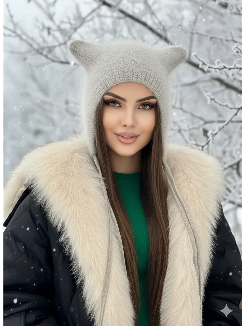 Шапка с ушками зимняя ангора вязаная