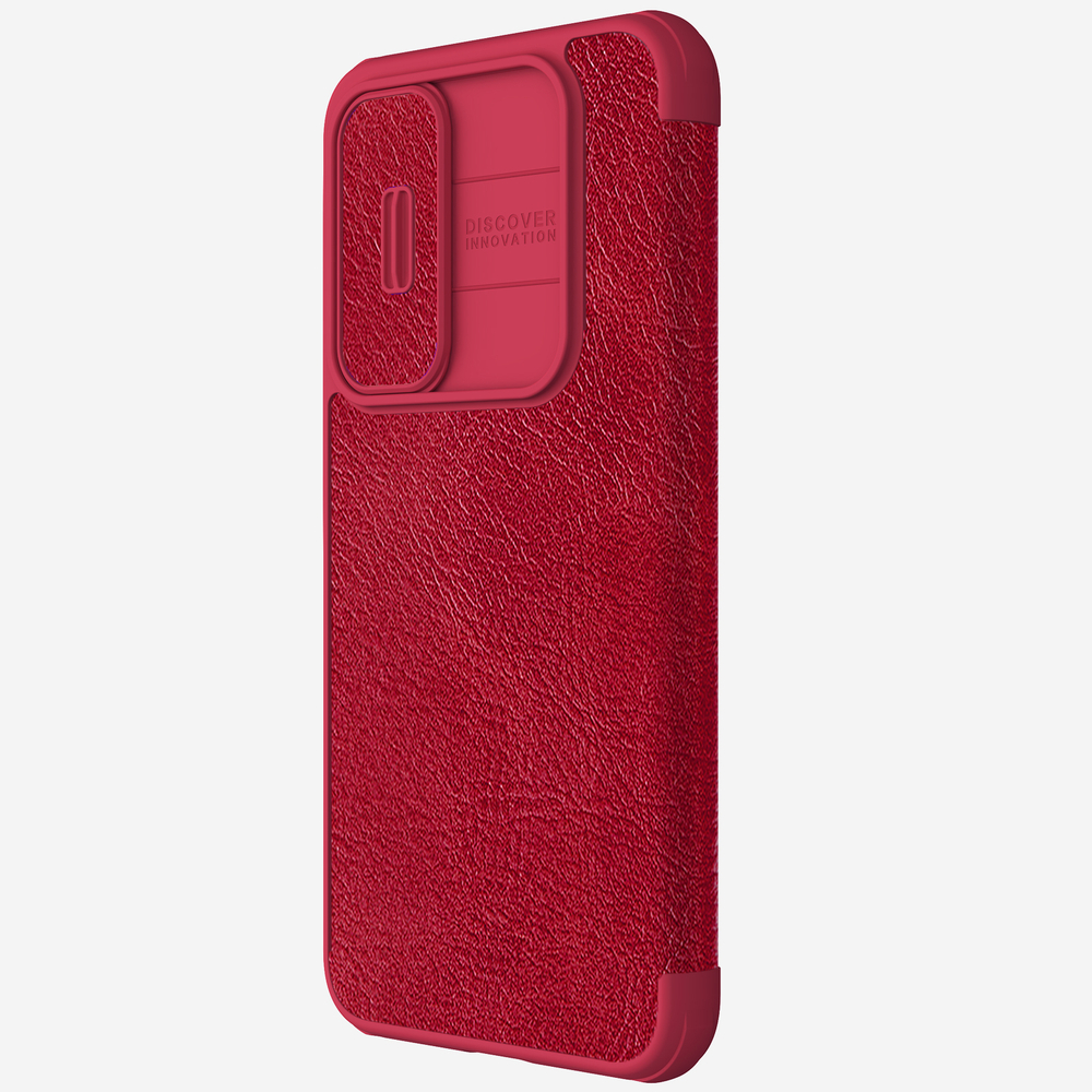 Красный кожаный чехол книжка от Nillkin для смартфона Samsung Galaxy A55 5G, серия Qin Pro Leather с защитной шторкой для камеры