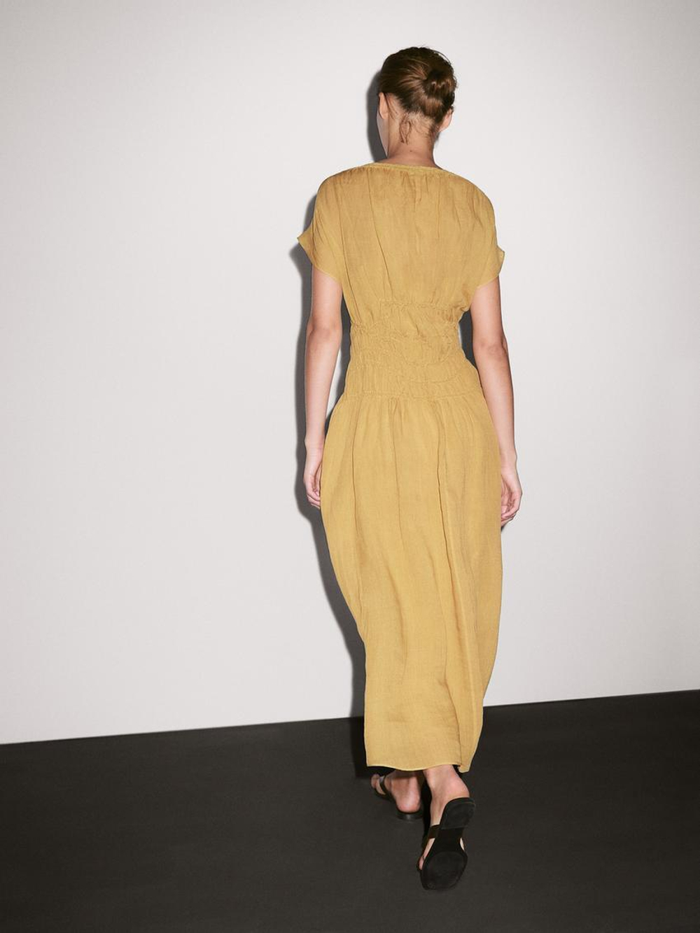 Massimo Dutti Платье миди с вышивкой, горчично-желтый