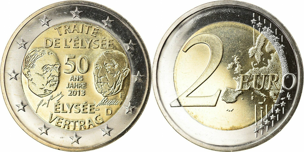 Германия 2 евро, 2013 50 лет подписанию Елисейского договора
