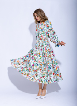 Женское платье миди с длинным рукавом в цветочный принт