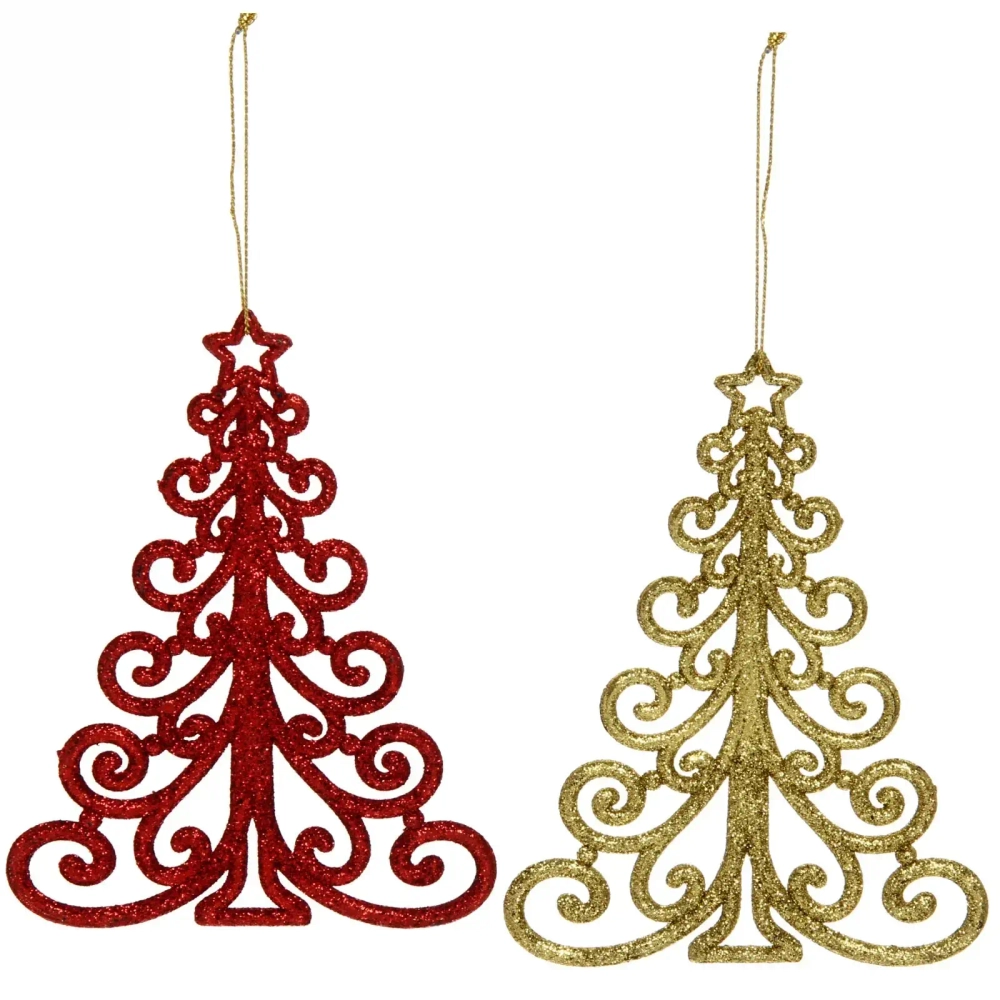 Подвески в блестках «Елочки новогодние» 12 см (набор 2шт), красный/золото