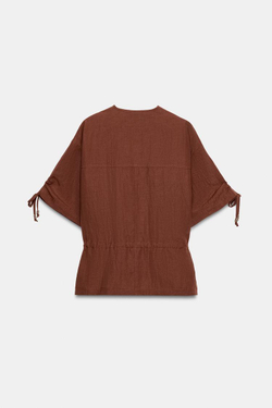 ZARA КУРТКА В СТИЛЕ САФАРИ С КОРОТКИМИ РУКАВАМИ И БИСЕРОМ, ТЕМНЫЙ ЧЕРЕПИЧНЫЙ