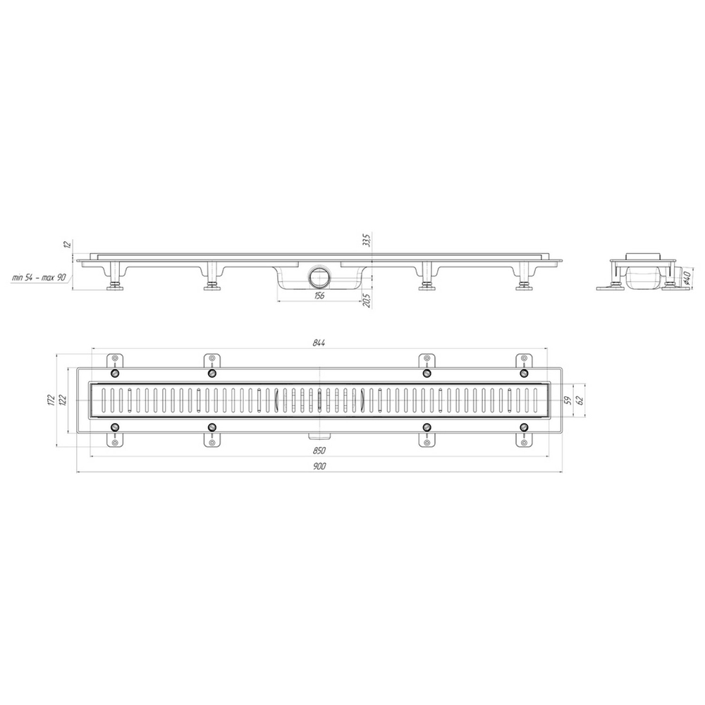 Трап линейный пласт. СУХОЙ 850*62 вып.40мм, стальн. нерж решетка матовая "Бимс" АНИ пласт TLQ1485M
