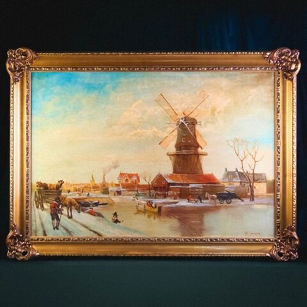 Винтаж: Старинная картина «Зимний пейзаж с мельницей»