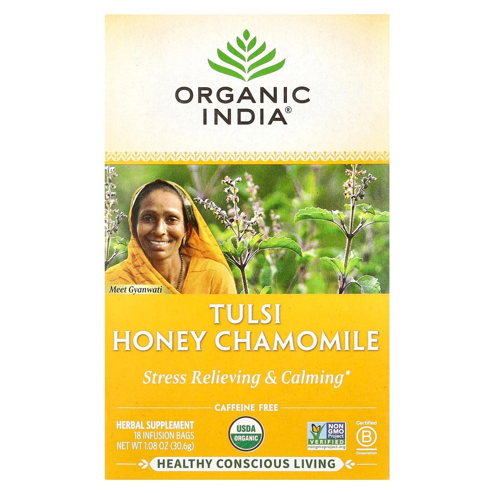 Organic India, Чай с тулси, медом и ромашкой, без кофеина, 18 пакетиков, 30,6 г (1,08 унции)