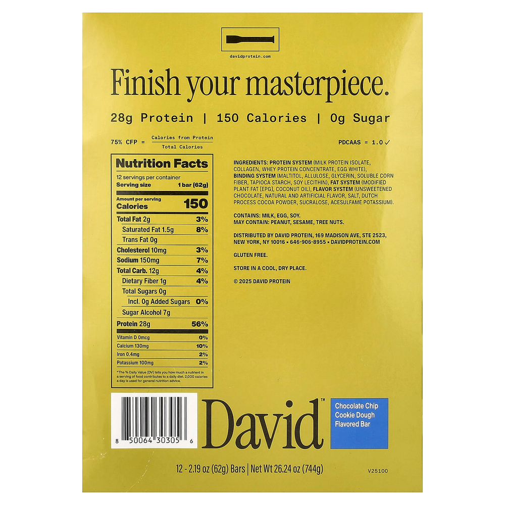 David Protein , Protein Bar, Chocolate Chip Cookie Dough, 12 Bars, 2.19 oz (62 g) Each