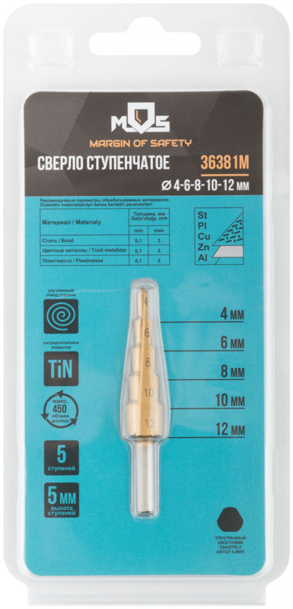 36381М Сверло ступенчатое HSS по металлу, 5 ступеней, 4-12 мм MOS