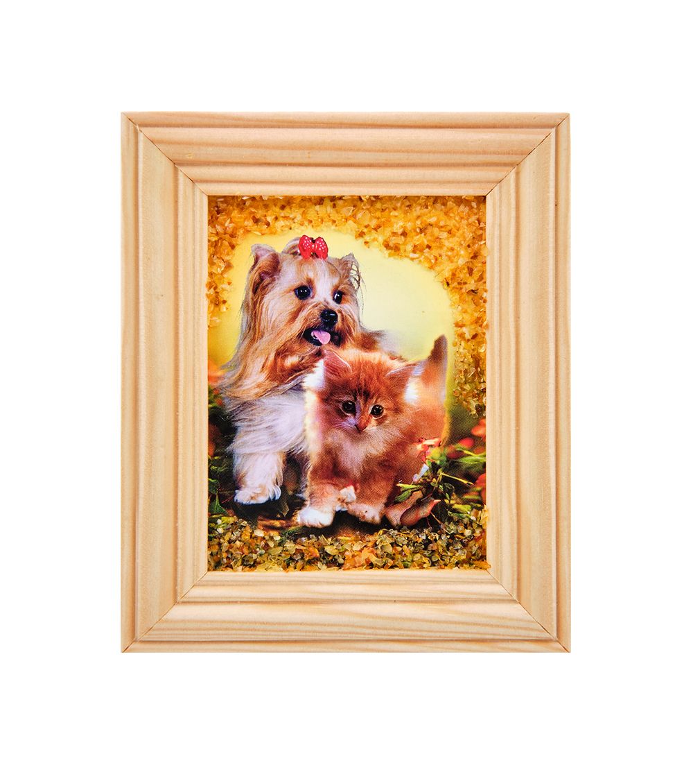 AMB-55/ 1 Картина «Щенок с котенком» (с янтарной крошкой) дер.рамка 7х9