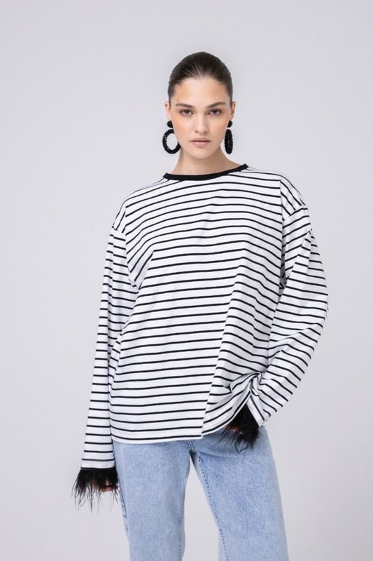 Лонгслив - тельняшка с перьями, черный